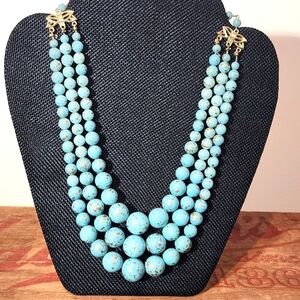VTG Japan 3 Strand  Turquoise Blue Matte & Unique Gold Foil Beaded Necklace 18"